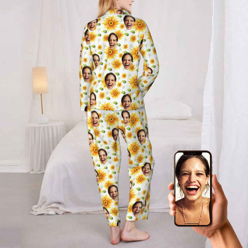 Personalized Pajamas Custom Photo Bright Sunflower Leaves Pattern Design Attractive Gift for Her