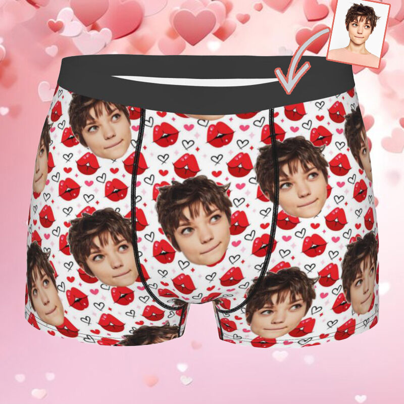 Personalized Photo Men's Underwear Boxer Briefs with Red Mouth Pattern Sweet Gift for Boy Friend