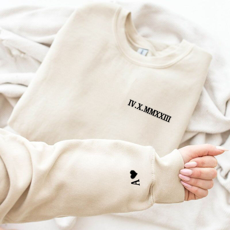 Personalized Sweatshirt Embroidered Lateral Roman Numeral Date and Initial Perfect for Couple's Anniversary