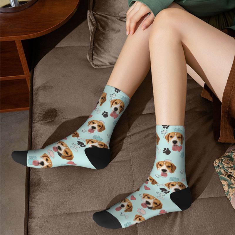 Customized Face Socks Pet Paw and Bones Print Gifts for Pet Lovers
