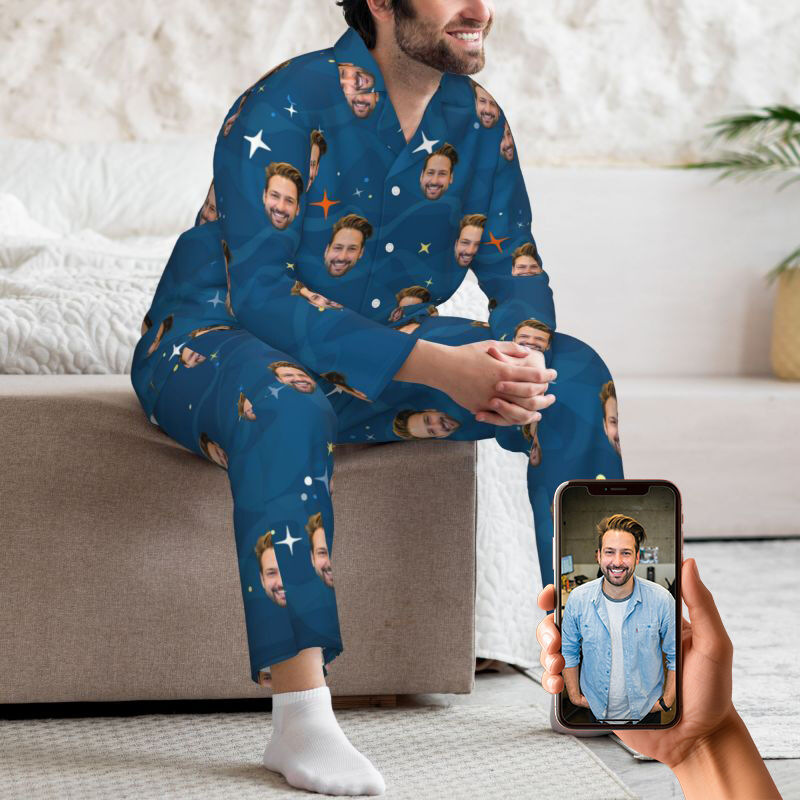 Personalized Pajamas Custom Photo Blue Starry Sky Style Pattern Design Great Gift for Him Family
