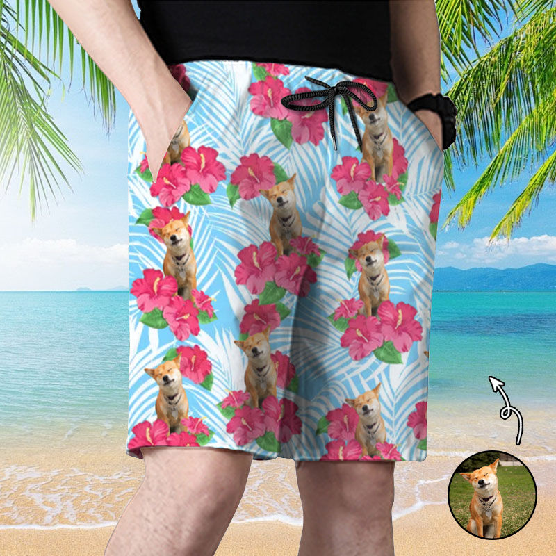 Personalized Picture Men's Beach Shorts with Pink Flower Pattern Great Gift for Family