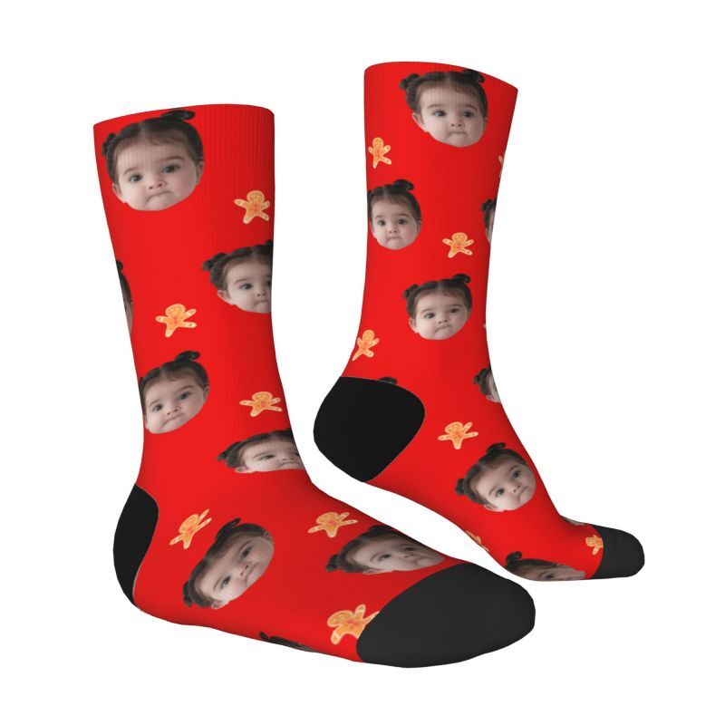 Personalized Face Socks with Gingerbread Man Pattern to Add Photo as a Christmas Gift