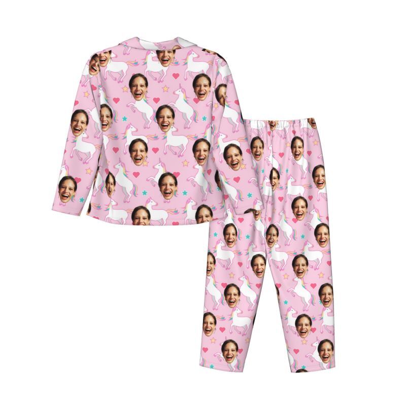 Personalized Pajamas Custom Photo Rainbow Unicorn Pink Pattern Design Adorable Gift for Her