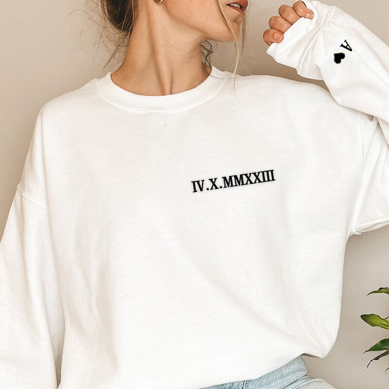 Personalized Sweatshirt Embroidered Lateral Roman Numeral Date and Initial Perfect for Couple's Anniversary