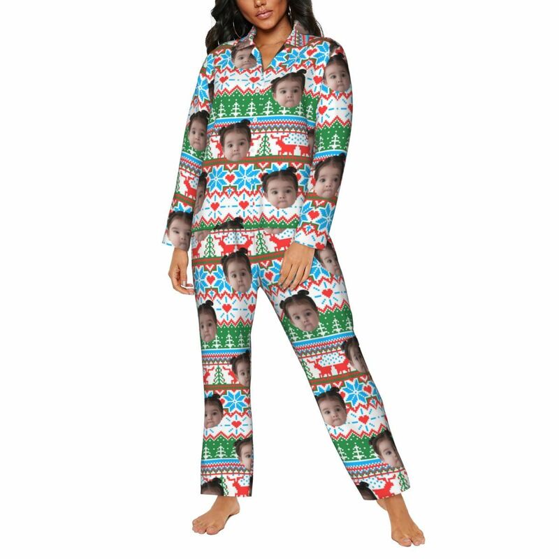 Personalized Pajamas Custom Photo Christmas Elements Bright Pixel Style Pattern Design Gift for Family
