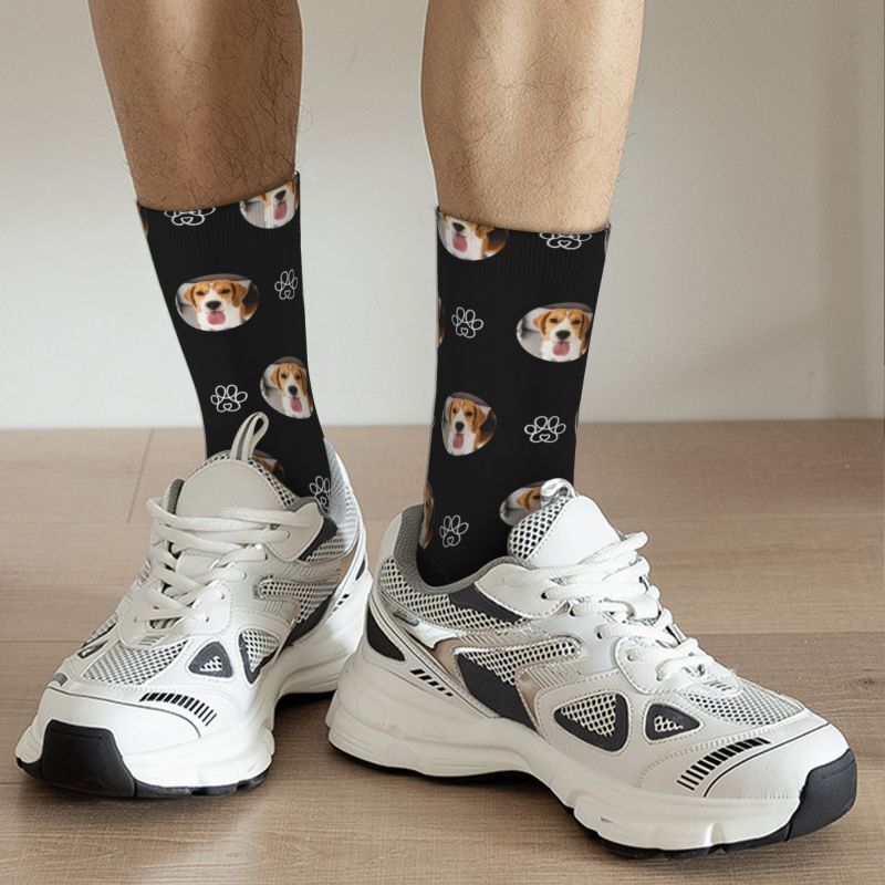 Personalized Face Socks with Line Paw Print Pattern Gift for Pet Owners