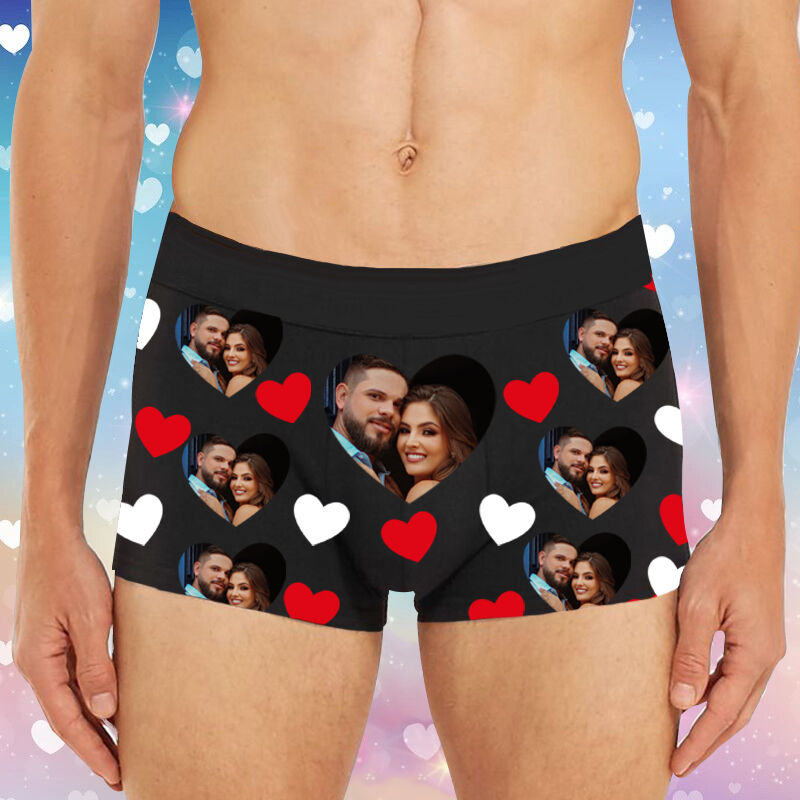 Personalized Photo Men's Underwear Boxer Briefs with Heart Pattern Romantic Gift for Favourite Boyfriend