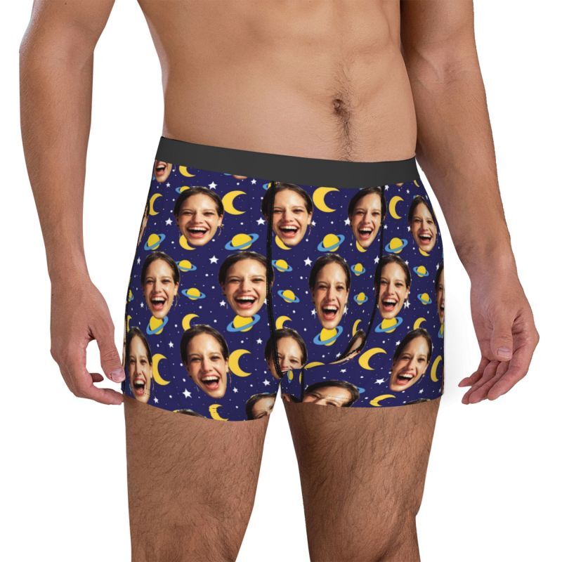 Personalized Photo Men's Underwear Boxer Briefs with Moon Pattern Best Gift for Boy Friend
