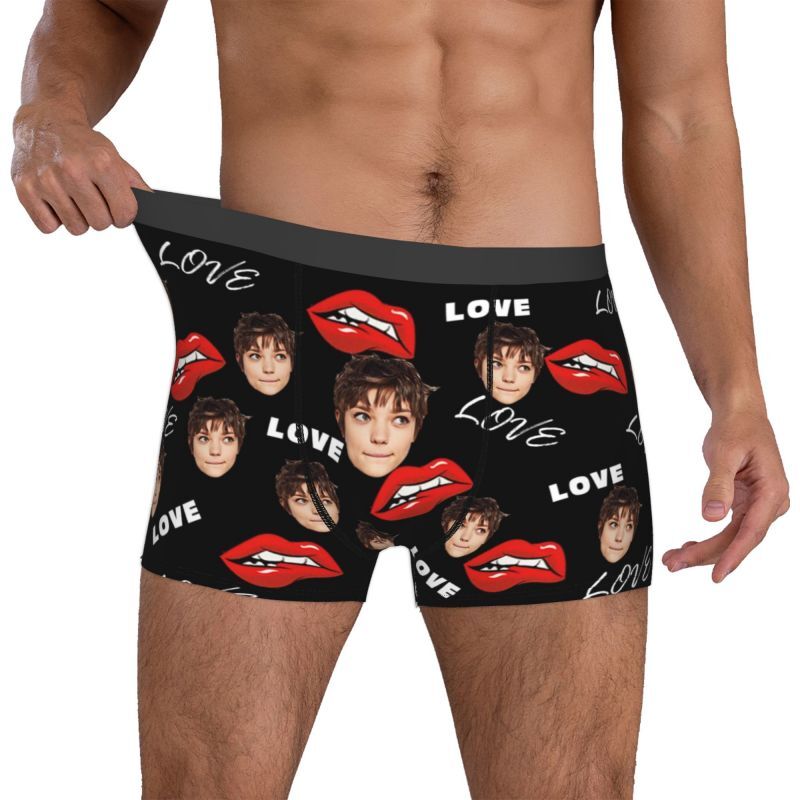 Personalized Photo Men's Underwear Boxer Briefs with Red Mouth Pattern Cool Gift for Boy Friend