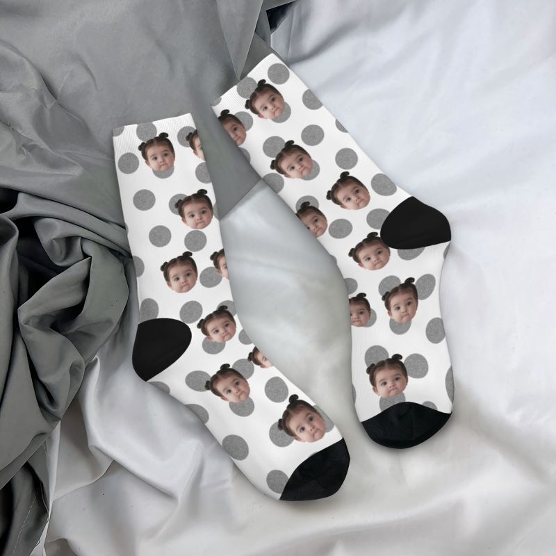 Customized Photo Socks Breathable Material with Grey Polka Dots for Friends