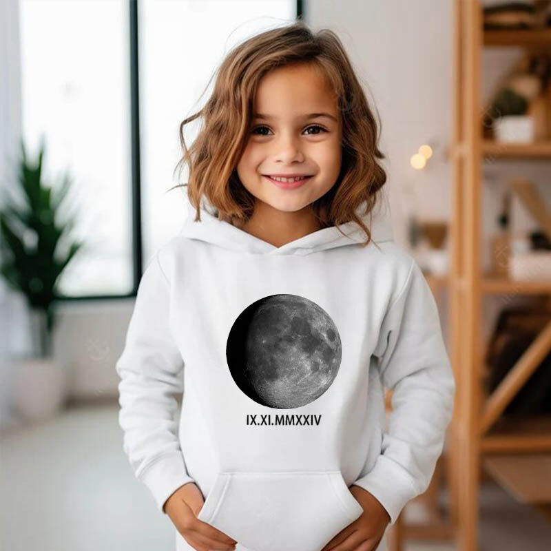 Personalized Kids Hoodie Customized Moon Phase Photo And Roman Numerals Memorial Gift For Children
