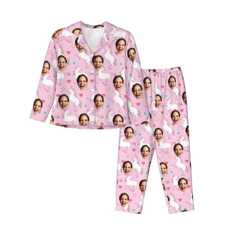 Personalized Pajamas Custom Photo Rainbow Unicorn Pink Pattern Design Adorable Gift for Her