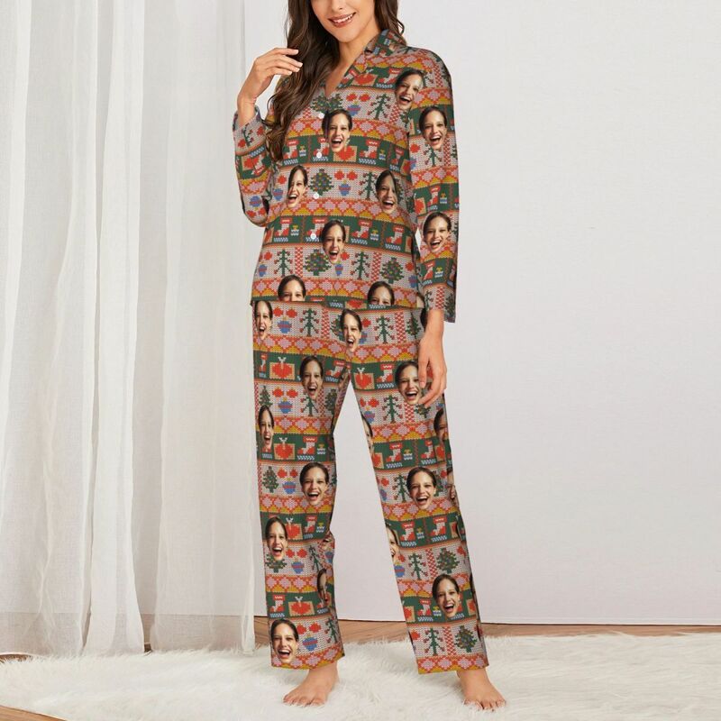 Personalized Pajamas Custom Photo Christmas Style Elements Festive Vibe Pattern Design Gift for Family