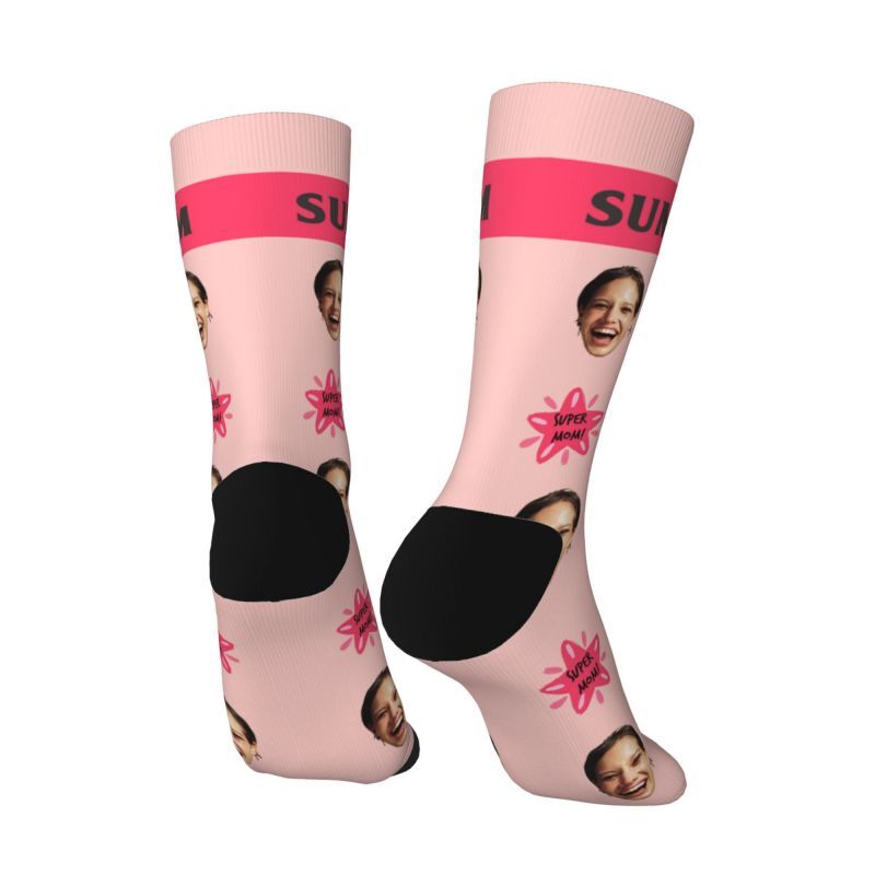 "Super Mom"Custom Face Add Photos Socks for Mother's Day
