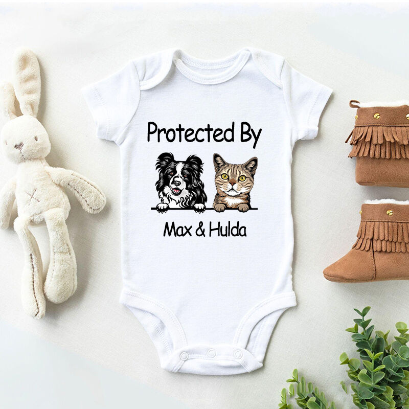 Personalized Baby Onesie Protected By Custom Dog and Cat Perfect Baby Shower Gift for Pet Lovers