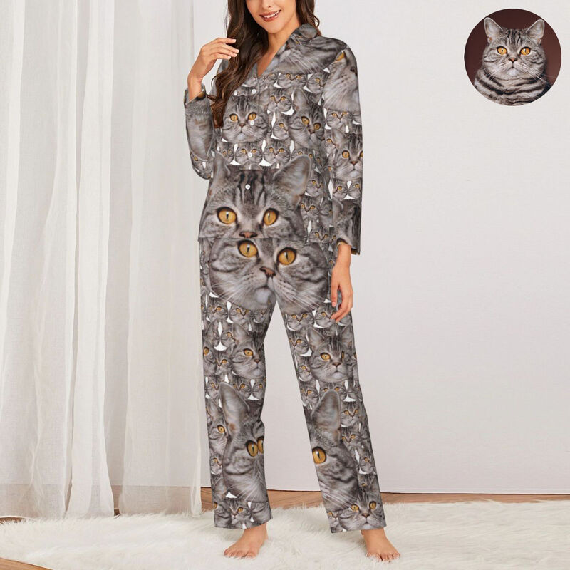 Personalized Pajamas Custom Cat Head Photo Full Set Pattern Design Creative Gift for Pet Lovers