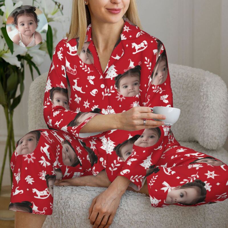 Personalized Pajamas Custom Photo Christmas Icons Festive Vibe Pattern Design Perfect Gift for Her