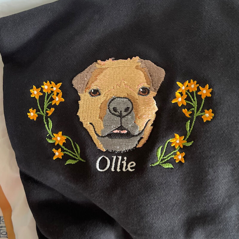 Personalized Sweatshirt Custom Embroidered Color Photo of Puppy's Head with Flower Decor Gift for Pet Lover