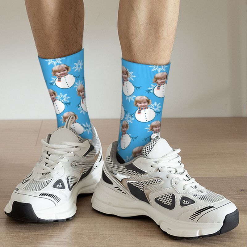 Custom Face Socks with Funny Snowman Pattern Add Kids Photo Christmas Gift for Parents