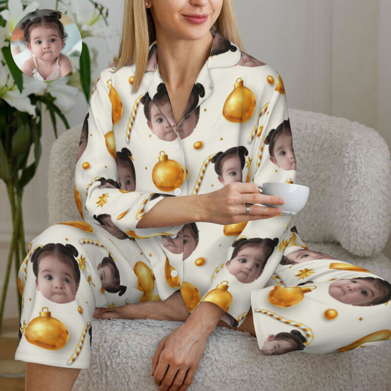 Personalized Pajamas Custom Kid Photo Christmas Bell Candy Golden Style Pattern Design Gift for Her