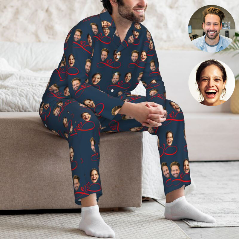 Personalized Pajamas Custom Couple Photo Infinite Love Pattern Design Perfect Gift for Lovers