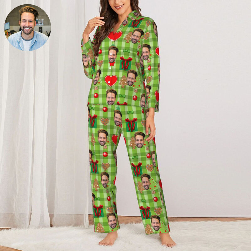 Personalized Pajamas Custom Photo Christmas Element Icons Green Style Pattern Design Gift for Family