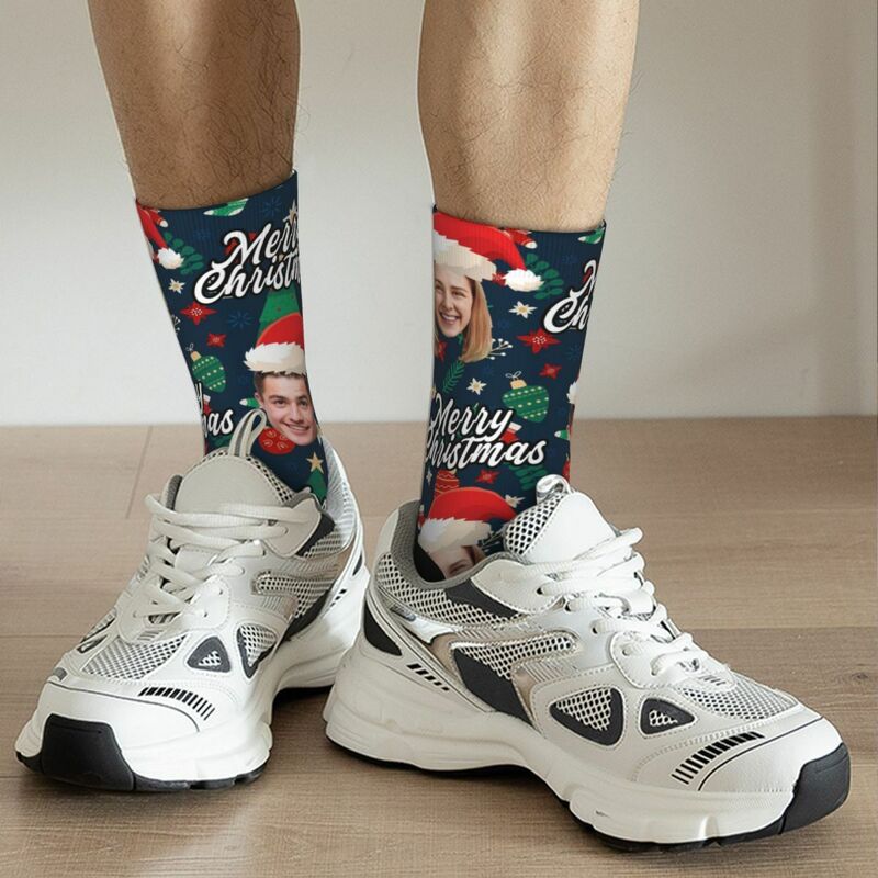 Personalized Face Socks with Santa Hat and Decorative Pattern for Christmas