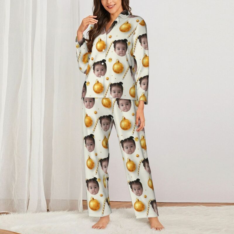 Personalized Pajamas Custom Kid Photo Christmas Bell Candy Golden Style Pattern Design Gift for Her