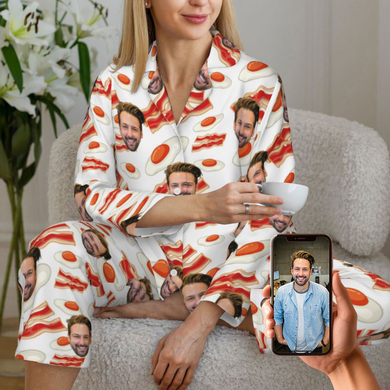 Personalized Pajamas Custom Photo Bacon Fried Eggs Cartoon Playful Design Funny Gift for Family