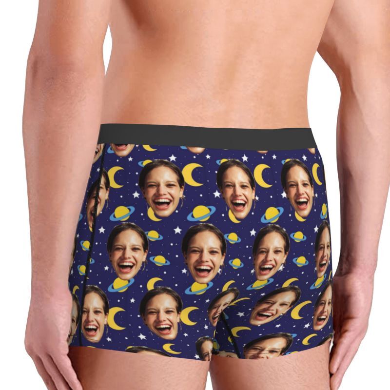 Personalized Photo Men's Underwear Boxer Briefs with Moon Pattern Best Gift for Boy Friend