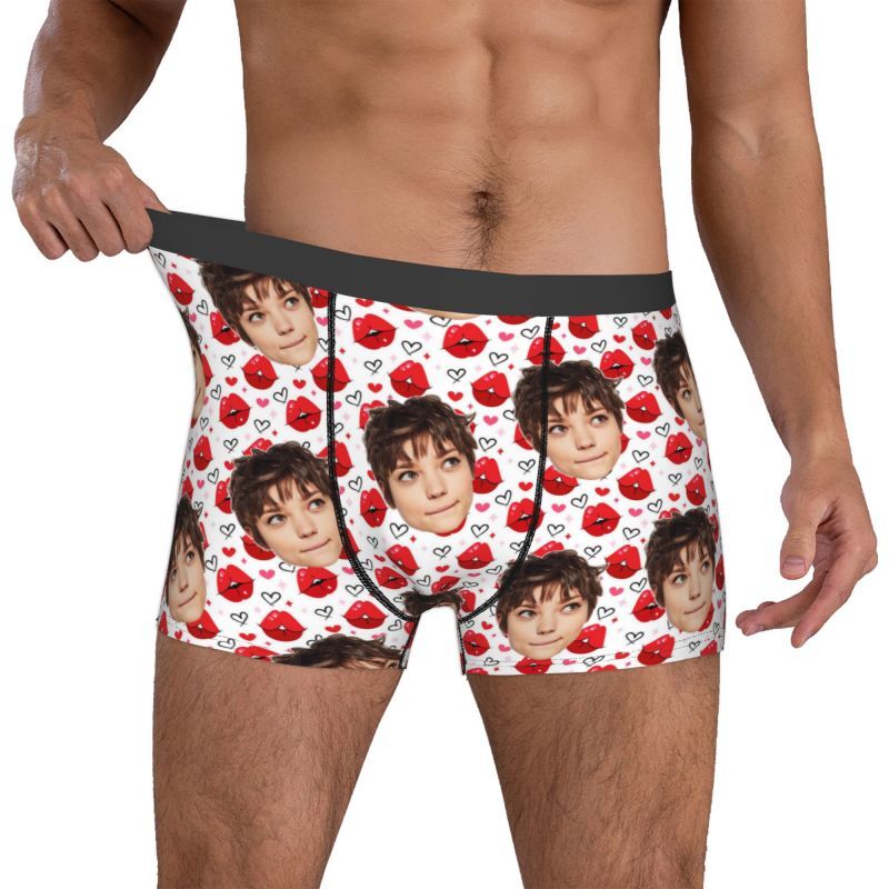 Personalized Photo Men's Underwear Boxer Briefs with Red Mouth Pattern Sweet Gift for Boy Friend