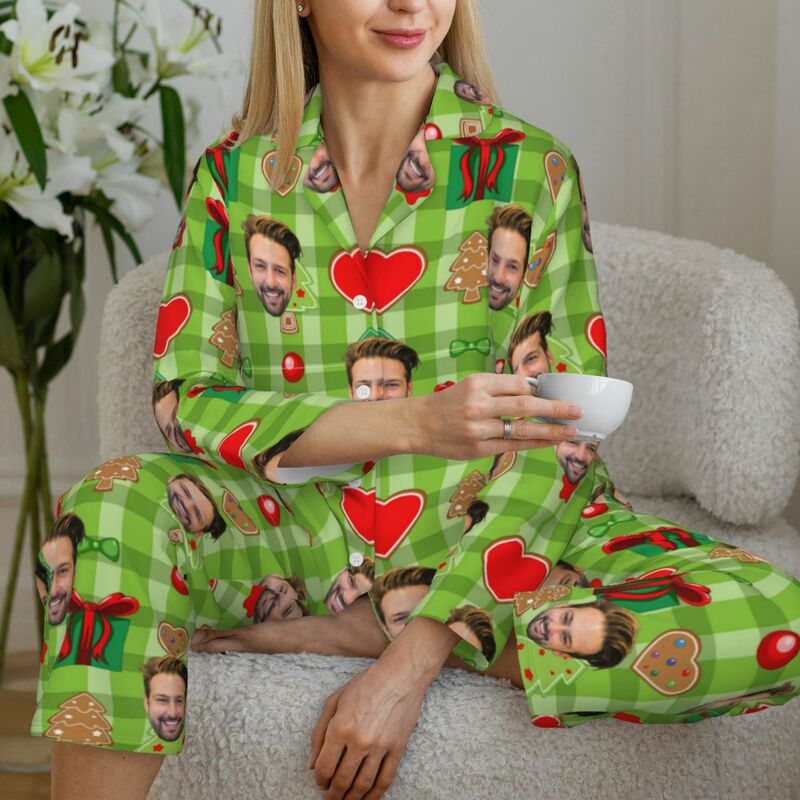 Personalized Pajamas Custom Photo Christmas Element Icons Green Style Pattern Design Gift for Family