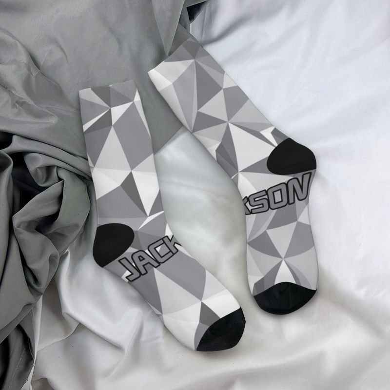 Customized Name Socks Grey Geometric Pattern Suitable Gift for Men