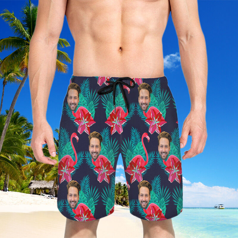 Personalized Picture Men's Beach Shorts with Cute Flamingo Pattern Best Present for Grandpa