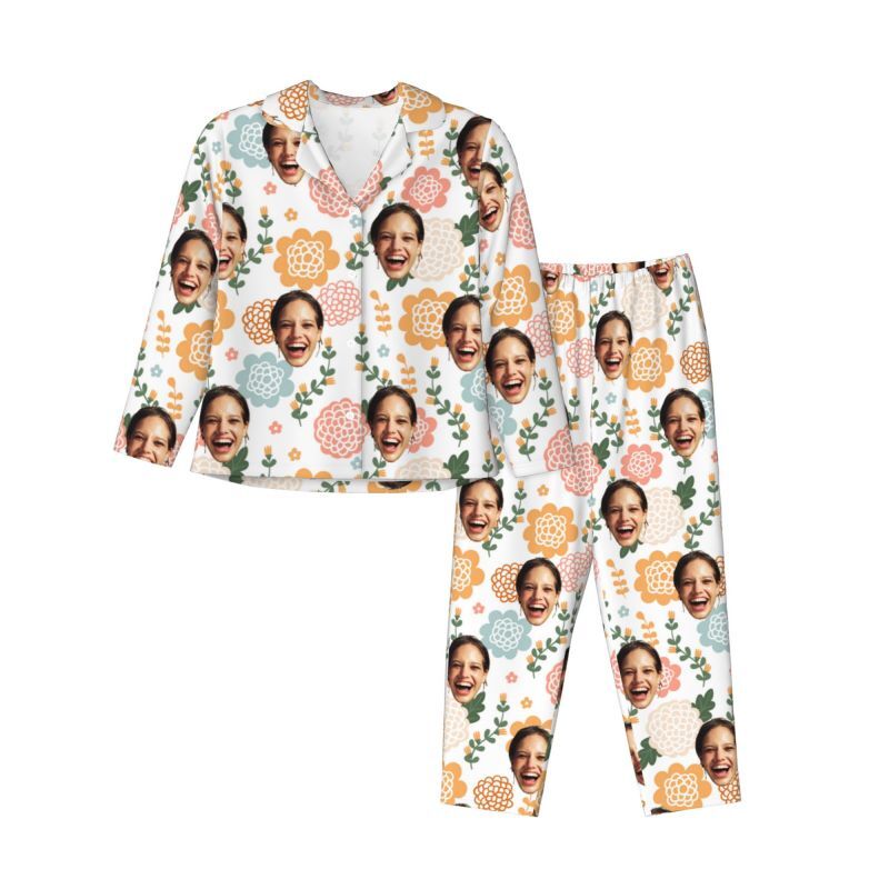 Personalized Pajamas Custom Photo Colorful Floral Pattern Elegant Design Gift for Her Family