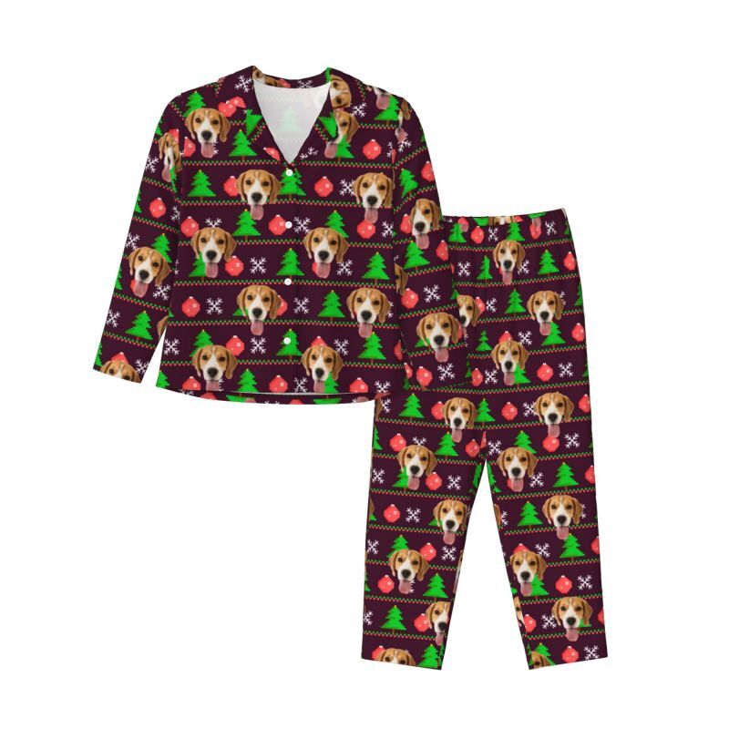 Personalized Pajamas Custom Pet Photo Christmas Icons Pixel Design Playful Gift for Pet Lovers