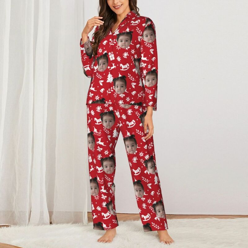 Personalized Pajamas Custom Photo Christmas Icons Festive Vibe Pattern Design Perfect Gift for Her