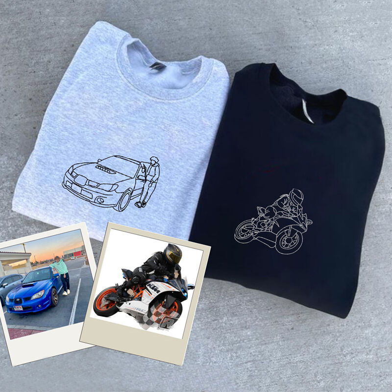 Personalized Sweatshirt Custom Embroidered Car Photo Line Drawing Design Cool Gift for Car Loving Friend