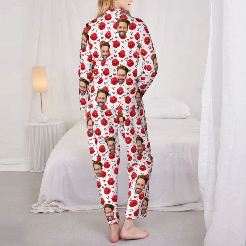 Personalized Pajamas Custom Couple Photo Hot Kiss Heart Pattern Design Perfect Gift for Lovers