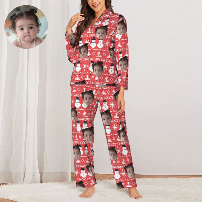 Personalized Pajamas Custom Kid Photo Cute Pixel Snowman Design Attractive Gift for Her Family