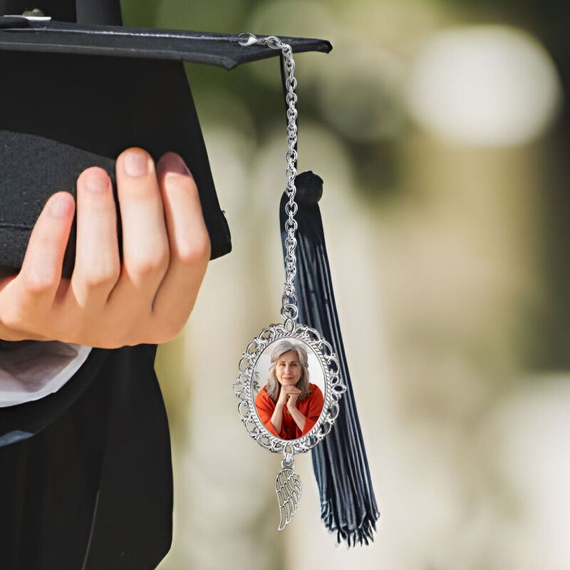 Custom Graduation Tassel Photo Charm with Angel Wing Memorial Graduation Gifts for Her
