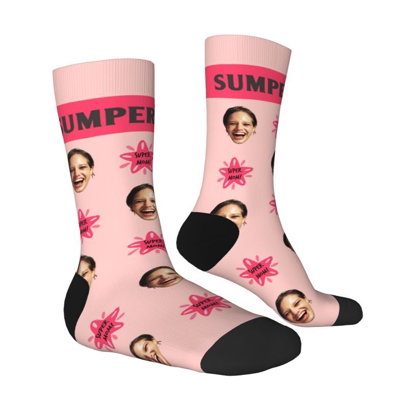 "Super Mom"Custom Face Add Photos Socks for Mother's Day
