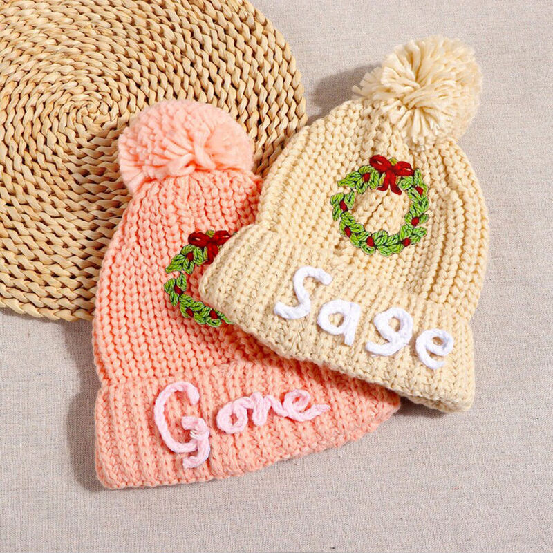 Custom Kid's Hat with Christmas Wreath Embroidered Name Beanie Christmas Gift for Kids