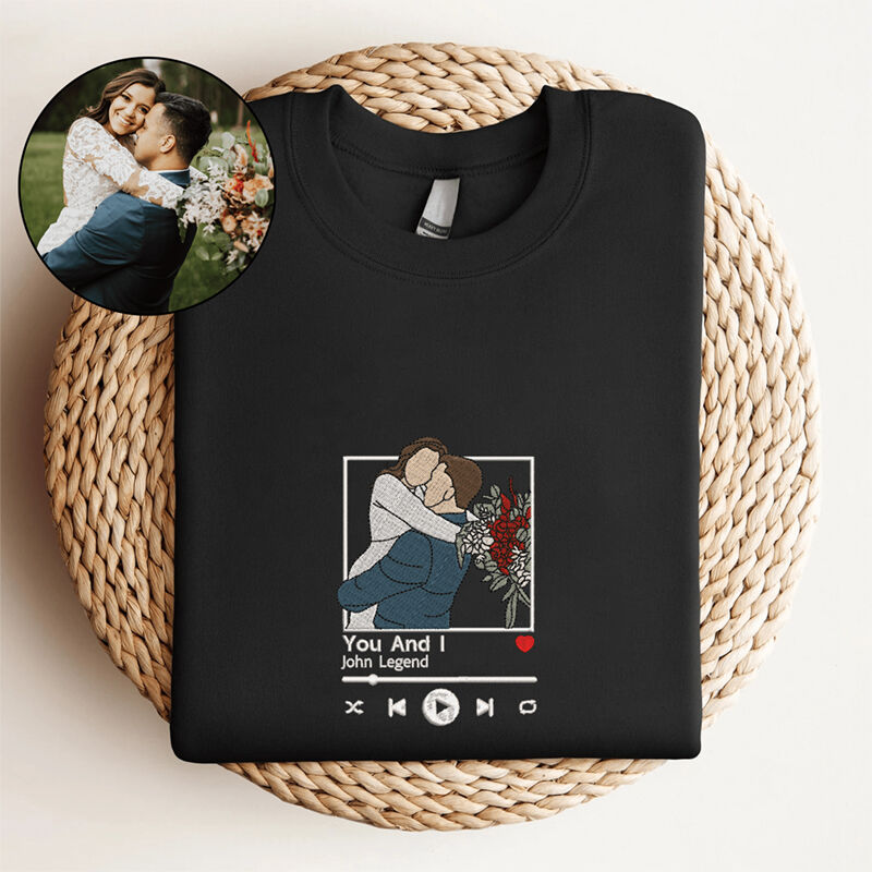 Personalized Sweatshirt Custom Embroidered Couple Color Photo Music Player Design Great Gift for Lover