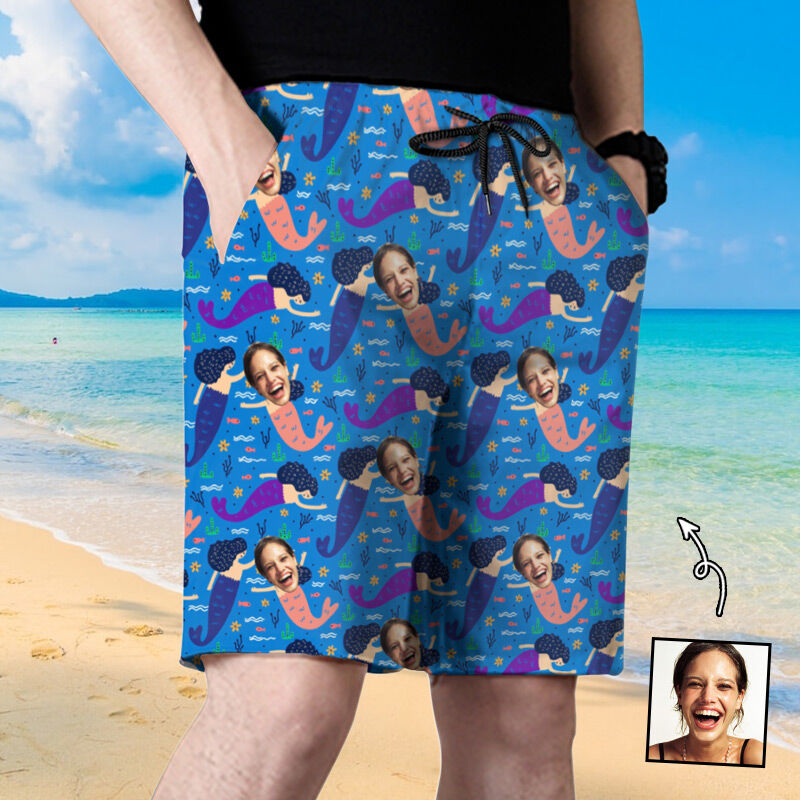 Personalized Picture Men's Beach Shorts with Mermaids Pattern Cute Gift for Family