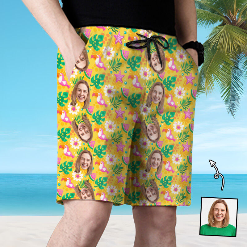 Personalized Picture Men's Beach Shorts with Pink Birds Pattern Creative Gift for Family