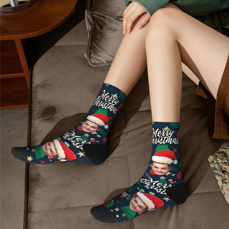 Personalized Face Socks with Santa Hat and Decorative Pattern for Christmas