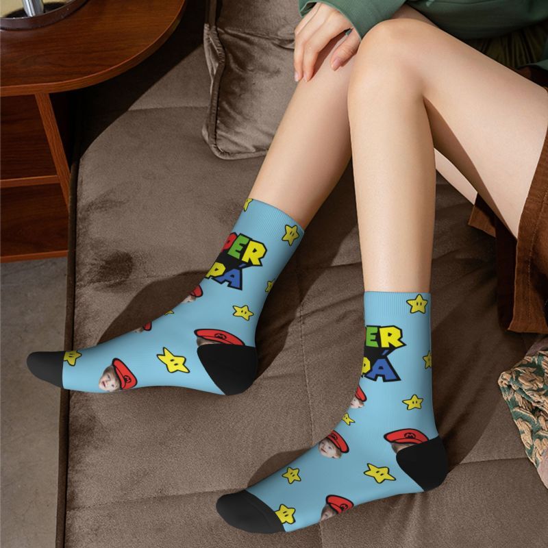 "SUPER PAPA" Funny Face Socks Can Be Added with Baby Photos