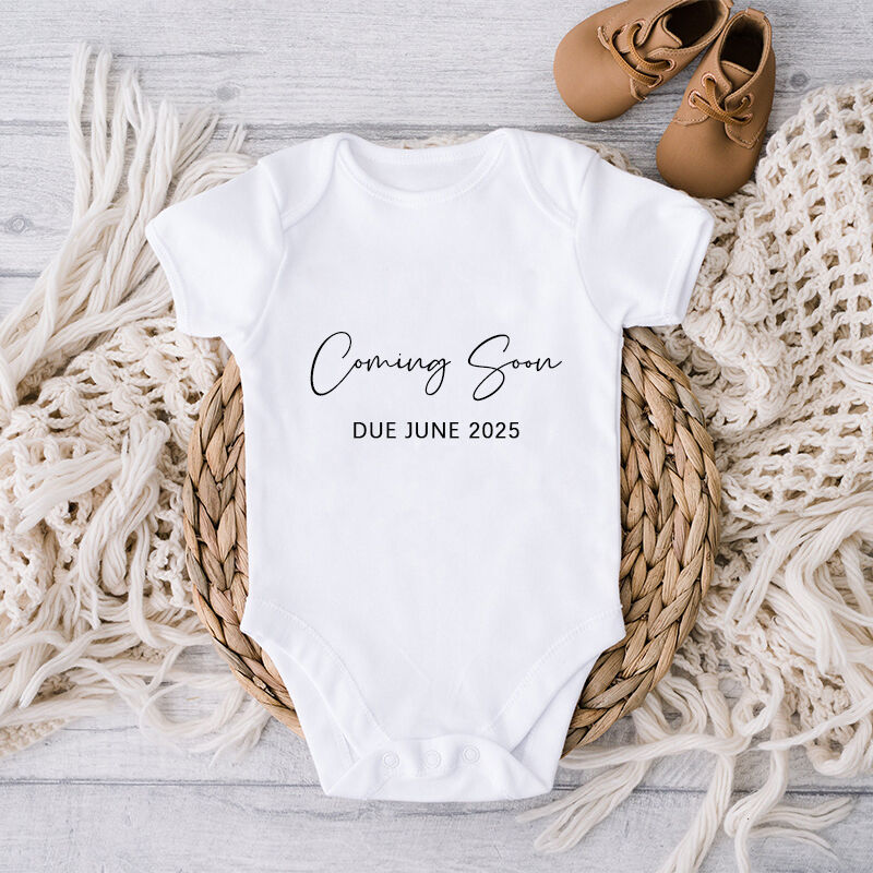 Personalized Baby Onesie Coming Soon Custom Message and Due Date Unique Warm Baby Shower New Mom Gift